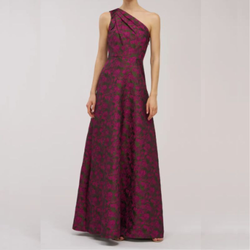 one shoulder gown in berry jacquard