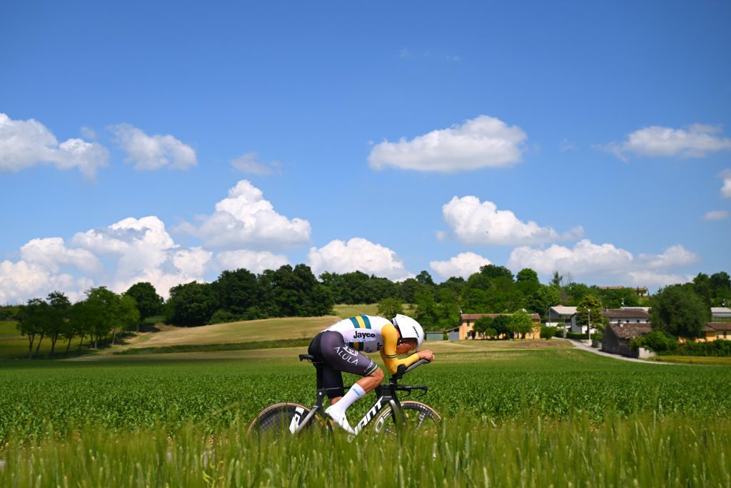 DESENZANO DEL GARDA ITALY MAY 18 Luke Plapp of Australia and Team Jayco AlUla sprints during the 107th Giro dItalia 2024 Stage 14 a 312km individual time trial stage from Castiglione delle Stiviere to Desenzano del Garda UCIWT on May 18 2024 in Desenzano del Garda Italy Photo by Tim de WaeleGetty Images