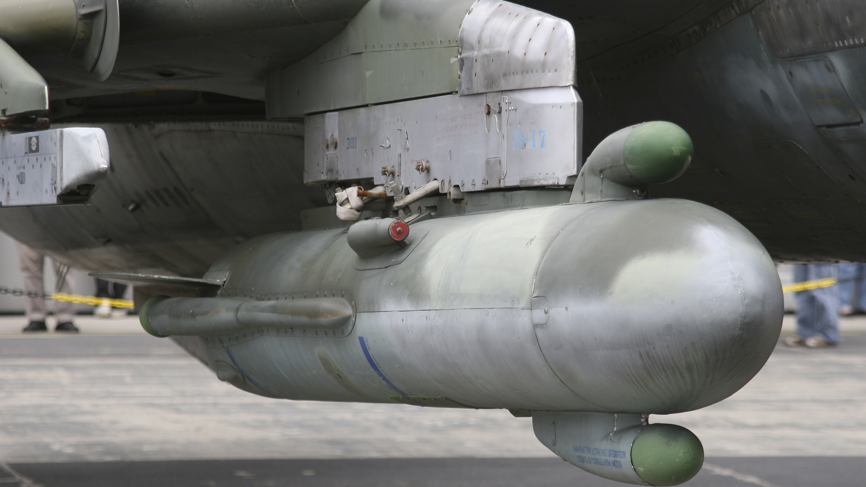 Here, a close-up of a Russian SPS-141 jamming pod for electronic countermeasures, which is mounted on a Sukhoi Su-17 aircraft at Manching Air Base, Germany.