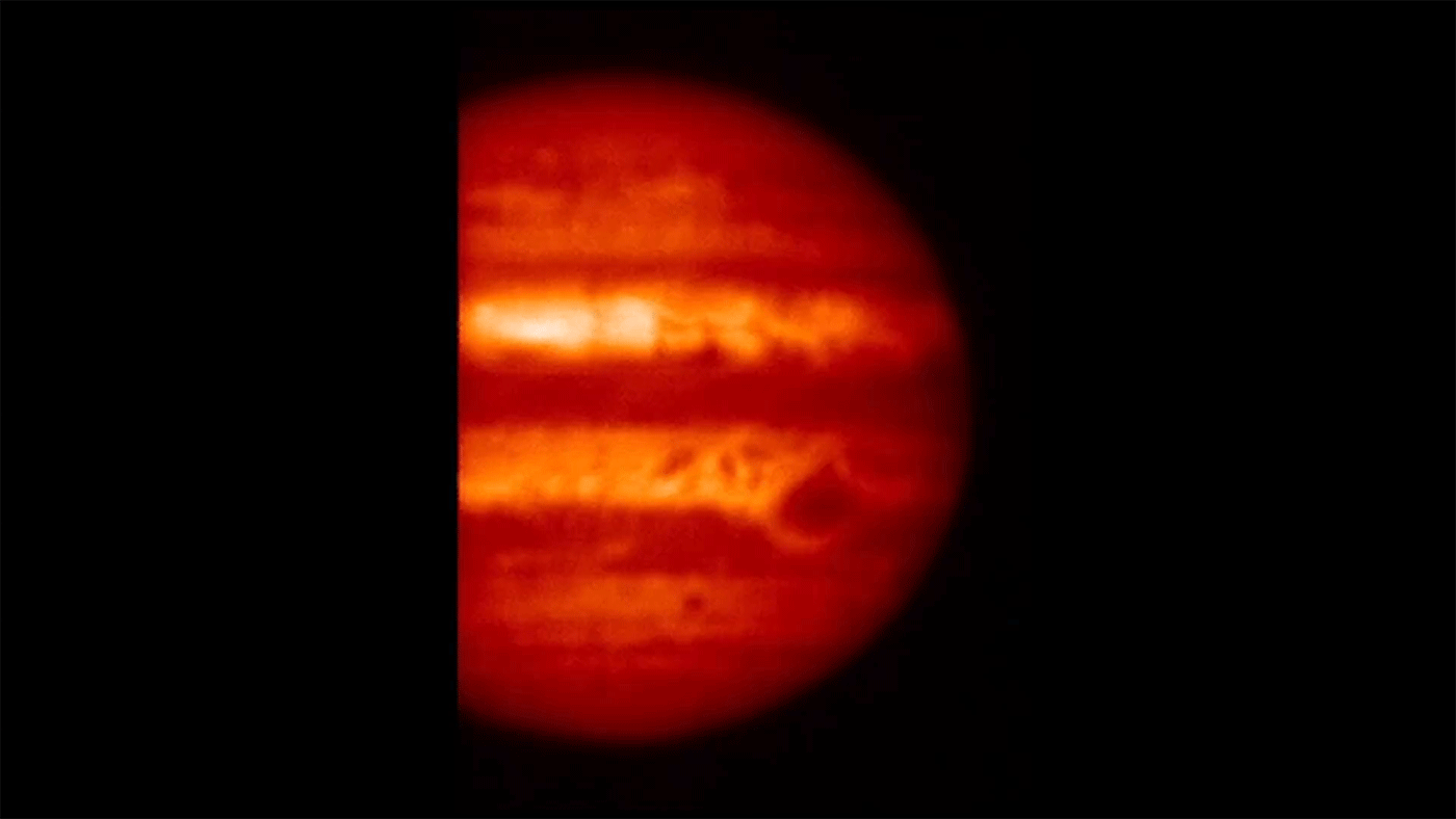 This view of Jupiter in the mid-infrared comes from observations made on Jan. 14 by the Subaru Telescope in Hawaii, penetrating to the planet's troposphere. The telescope's Cooled Mid-Infrared Camera and Spectrometer (COMICS) captured the images.