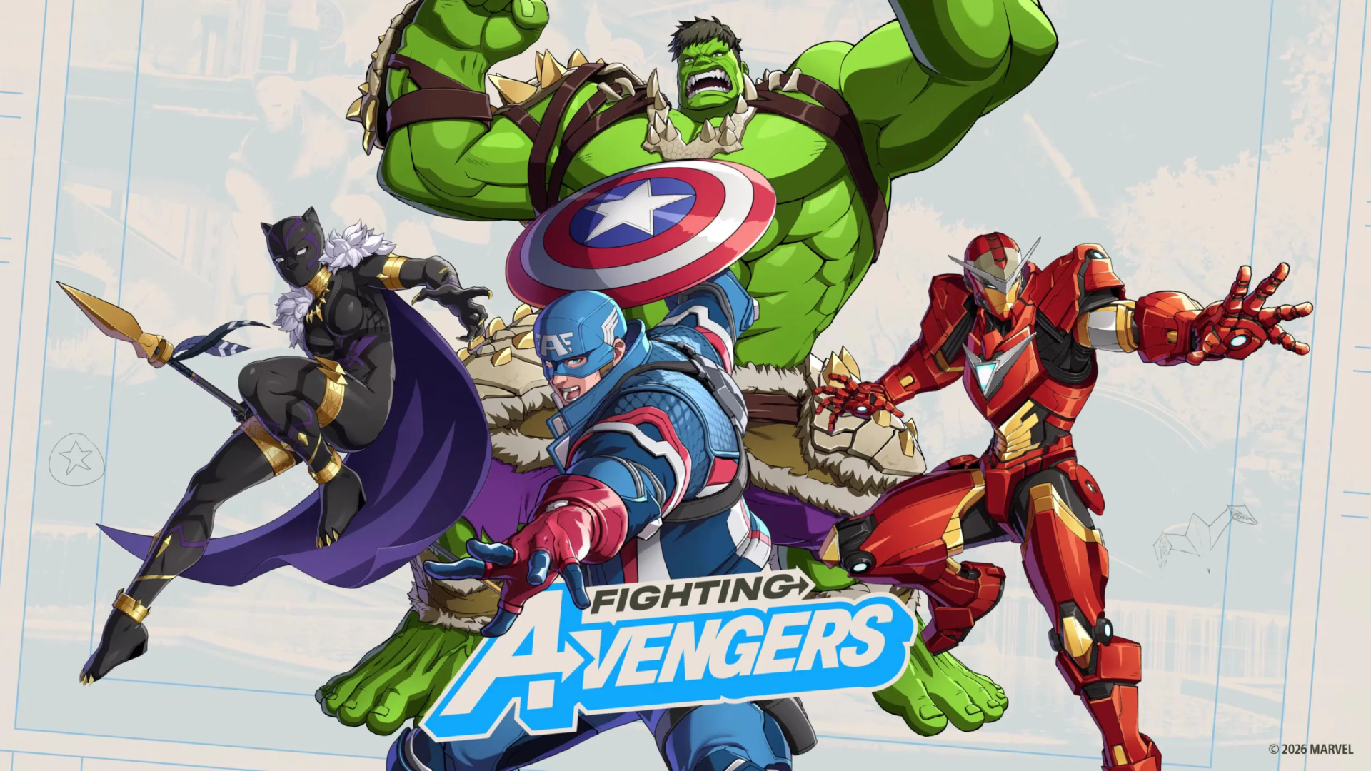 Marvel T&amp;#333;kon: Fighting Souls - Official artwork showcasing the Fighting Avengers team, with Captain Amercia, Black Panther, Hulk, and Iron Man.