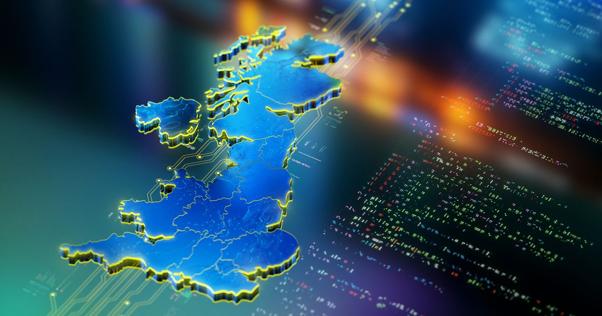 A CGI render of a digital map of the UK, with colored code in the background representing AI. The UK is outlined in yellow for emphasis.