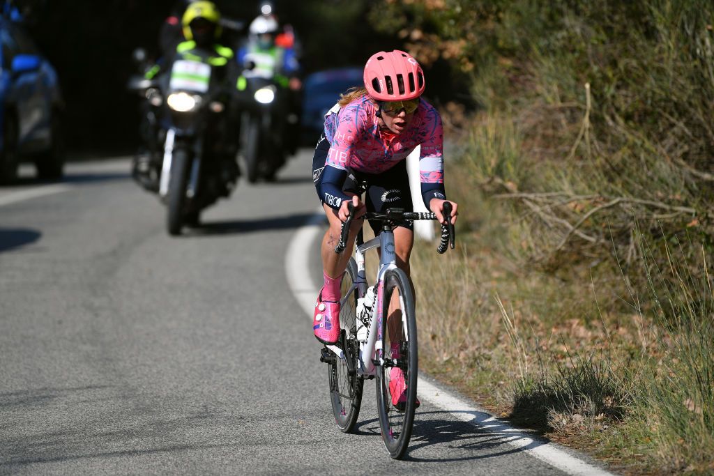 SIENA ITALY MARCH 05 Emily Newsom of United States and Team EF Education Tibco Svb competes in the breakaway during the Eroica 8th Strade Bianche 2022 Womens Elite a 136km one day race from Siena to Siena Piazza del Campo 321m StradeBianche on March 05 2022 in Siena Italy Photo by Luc ClaessenGetty Images