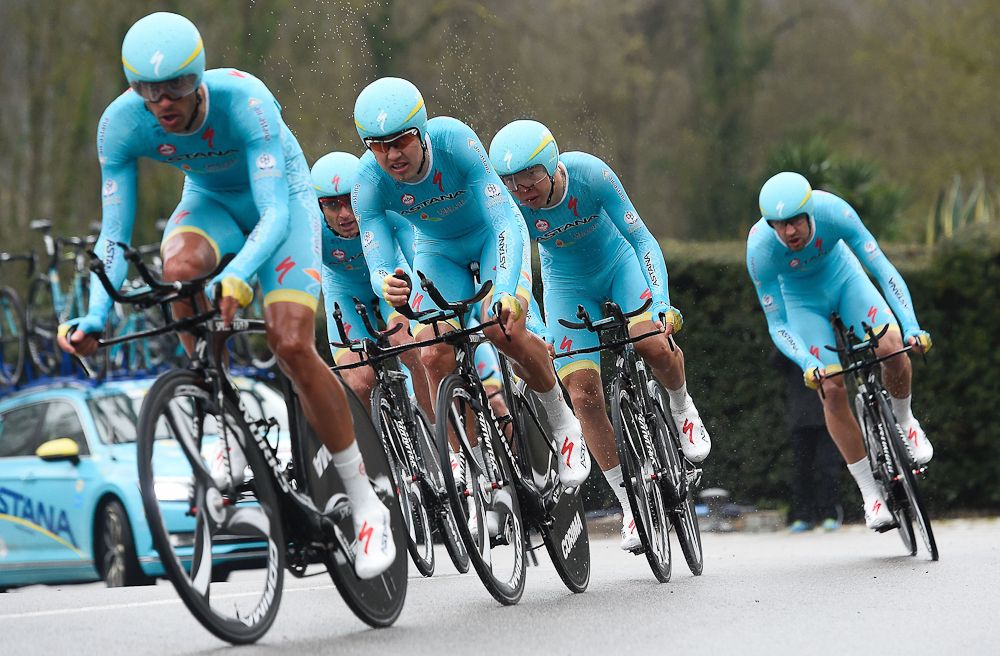 Team Astana Pro Team ride during the Team Time Trial on day one of the tour of 'La Mediterraneenne'