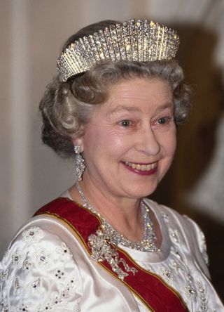 Queen Elizabeth wearing the Queen Mary Russian Fringe tiara