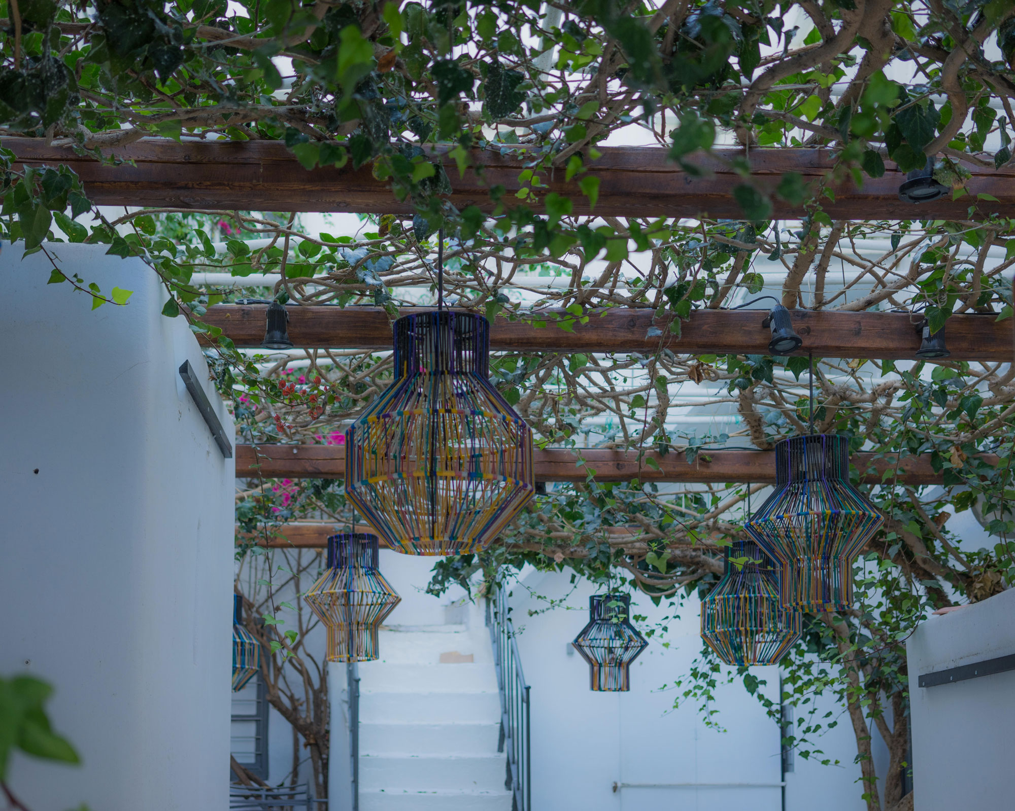 pergola design with plants and lanterns