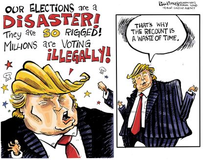 Political cartoon U.S. Donald Trump vote recount reaction