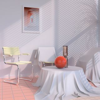 3D sitting area with red ball on table