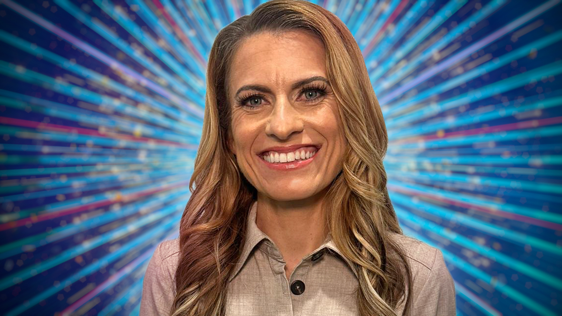Karen Carney sitting with a blue sparkly background behind her.