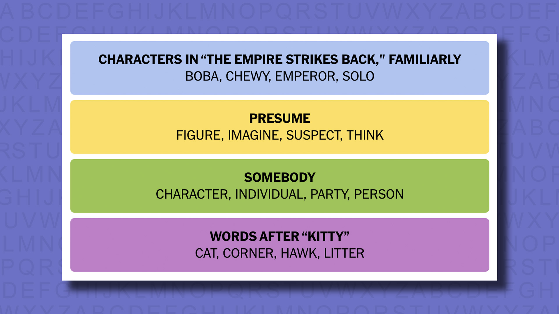 NYT Connections Answers for Game 467 on a purple background