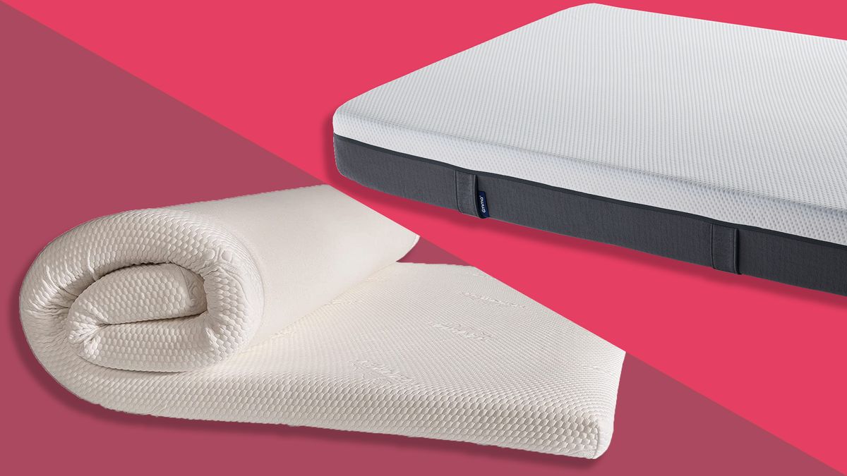 The Tempur-Pedic Topper Supreme and an Emma Original mattress on a pink background