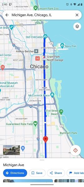 An example of a fully highlighted street in Google Maps.
