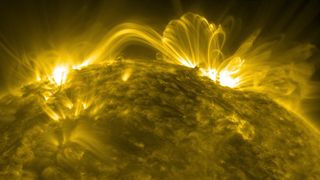 An image of the sun showing coronal loops of plasma in the star's atmosphere. 