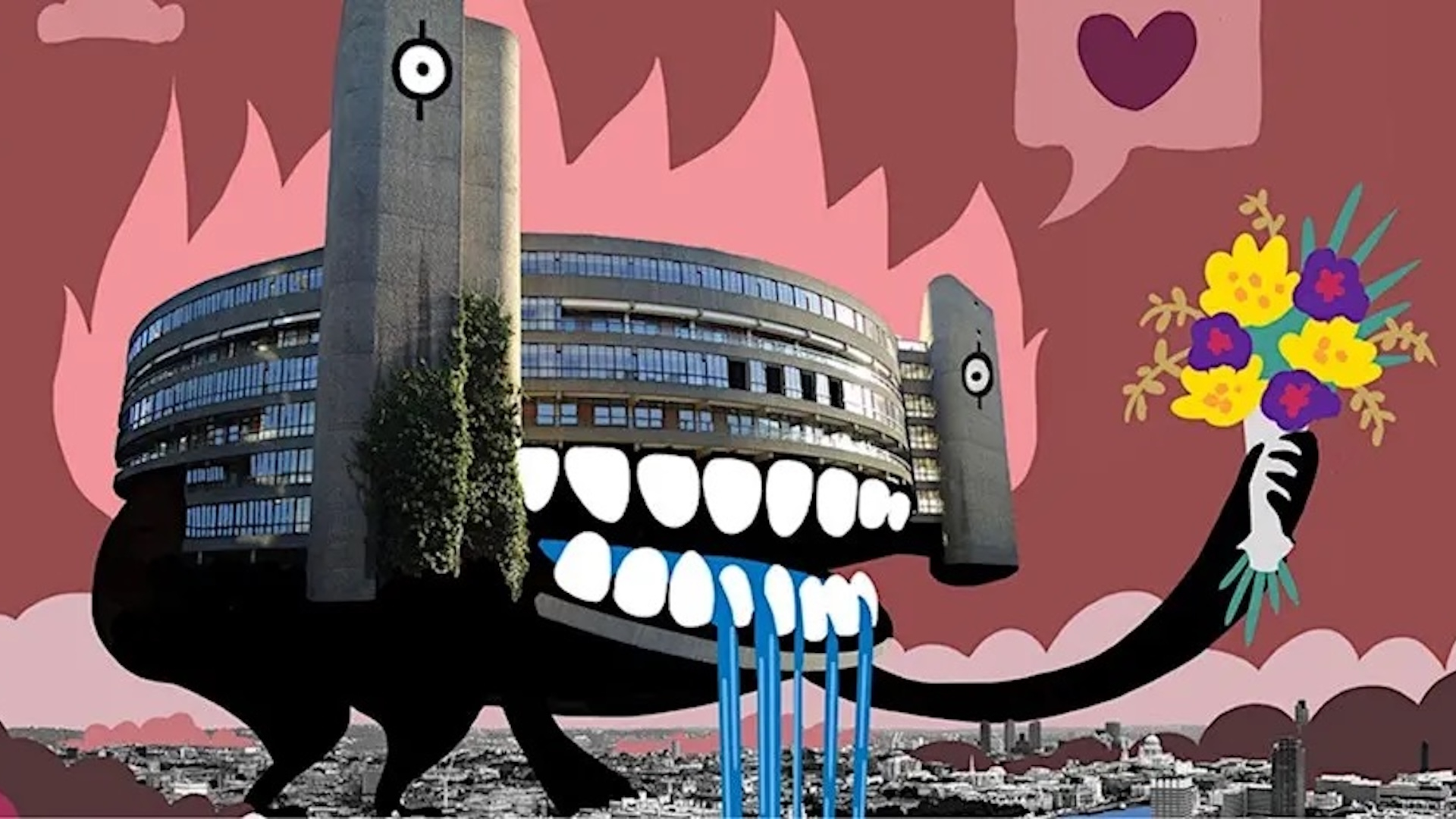 Artist-led Workshop: Wreckage and Repair art to promo the event of a building holding flowers 