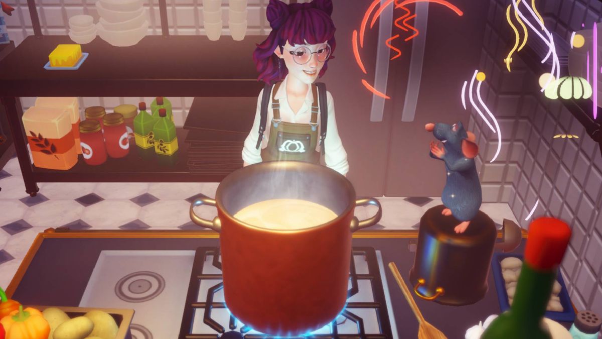 Cooking with Remy at the stove in Chez Remy in Disney Dreamlight Valley