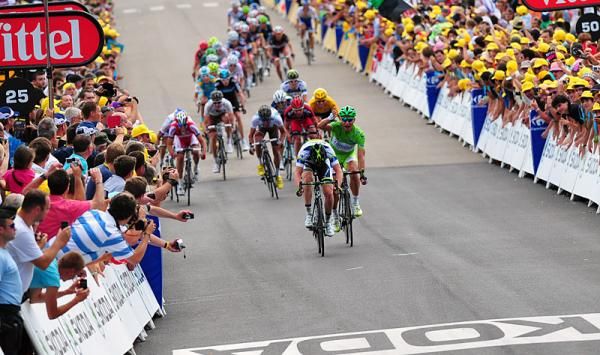Matt Goss (Orica-GreenEdge) sprints to a sixth place finish but the protest by Peter Sagan (Liquigas-Cannondale) would result in relegation and loss of points for Goss.
