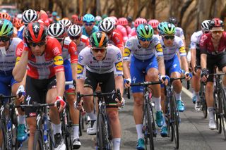 Danish road race champion Michael Mørkøv (in red) leads Deceuninck-QuickStep teammate, and Irish road race champion, Sam Bennett on stage 4 of the 2020 Tour Down Under