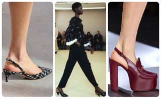 Slingback heels in Fall 2024 runways like the black and white plaid slingback heels at Carolina Herrera, Altuzarra's black conical slingback heels, and Gucci platform loafers.