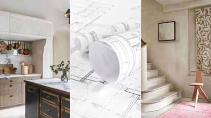 A kitchen, architectural plans, and the bottom of a staircase 