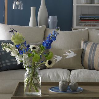 living room with blue wall and white sofa