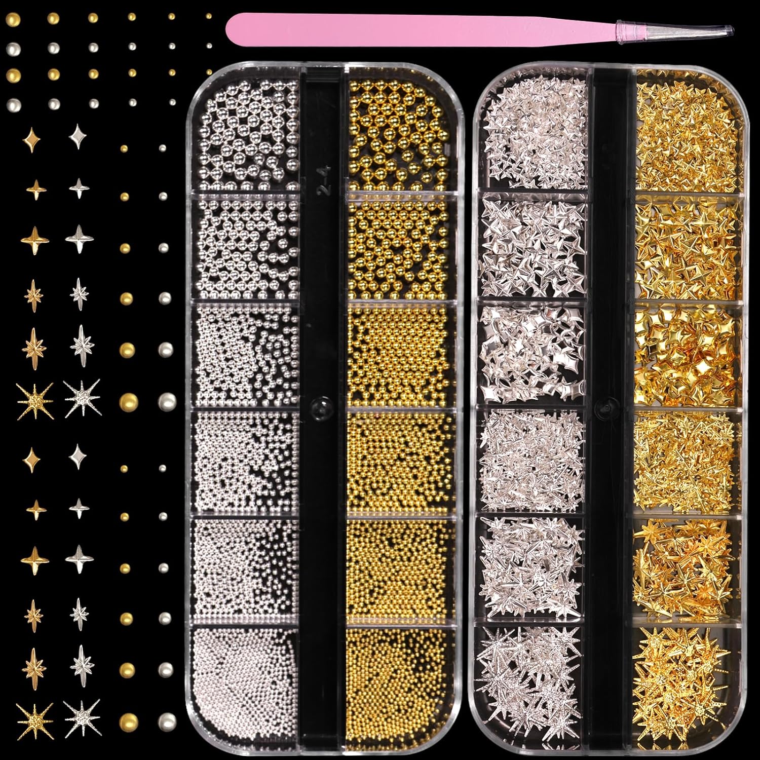 3d Silver Gold Caviar Beads for Nails, Star Cross Nail Stud Charms, Round Caviar Beads Gems Rivets Nail Charms for Nail Art Design Diy Crafts Supplies Accessories