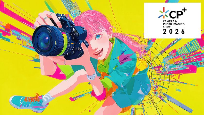Logo for CP+ 2026, featuring a pink-haired anime girl holding a camera