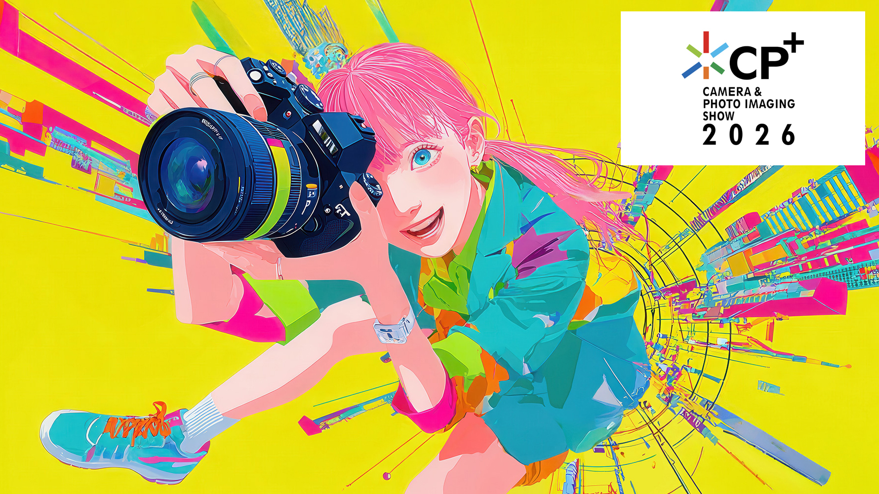 Logo for CP+ 2026, featuring a pink-haired anime girl holding a camera