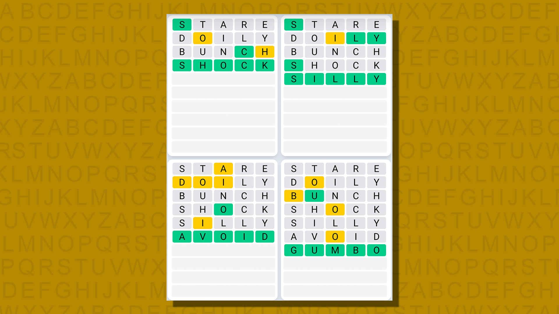 Quordle daily sequence answers for game 785 on a yellow background