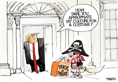 Political cartoon U.S. Trump Halloween pirate costume cultural appropriation