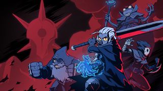 Absolum; comic book fantasy characters raise there swords and staffs and pose