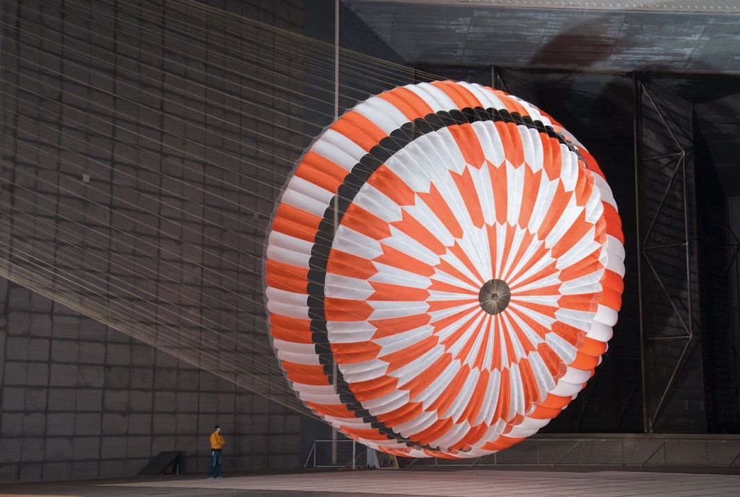 In this June 2017 photo, the supersonic parachute design that landed the Perseverance Mars rover on Mars on Feb. 18, 2021, underwent testing in a wind tunnel at NASA&#039;s Ames Research Center.