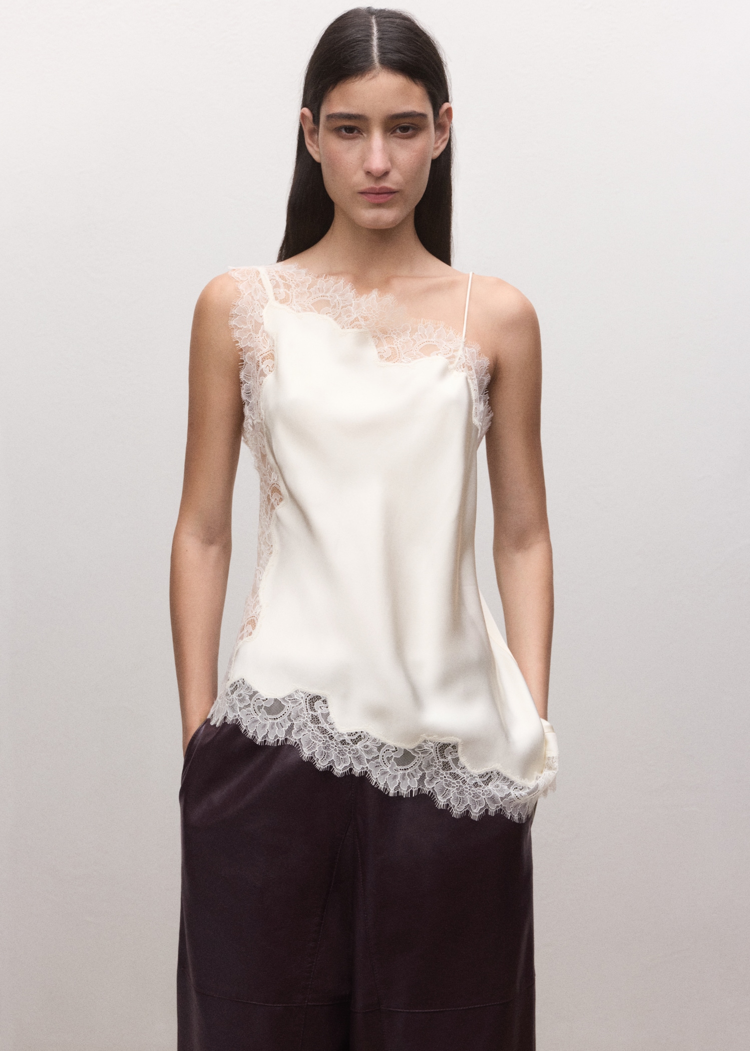 Asymmetric Satin Lace Top - Women | Mango United Kingdom