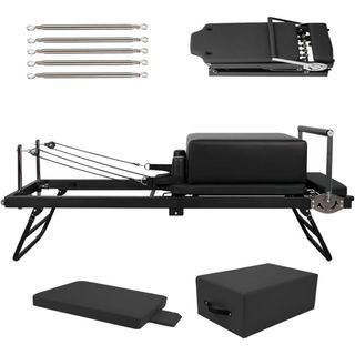 Pilates Reformer Machine Set, Foldable Pilates Equipment for Home Workout, Pilates Reformer Stretching Training Bed With Pilates Sitting Box, Springboard and Additional 5 Stainless Steel (black)