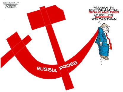 Political cartoon U.S. Trump Russia investigation hammer and sickle communism