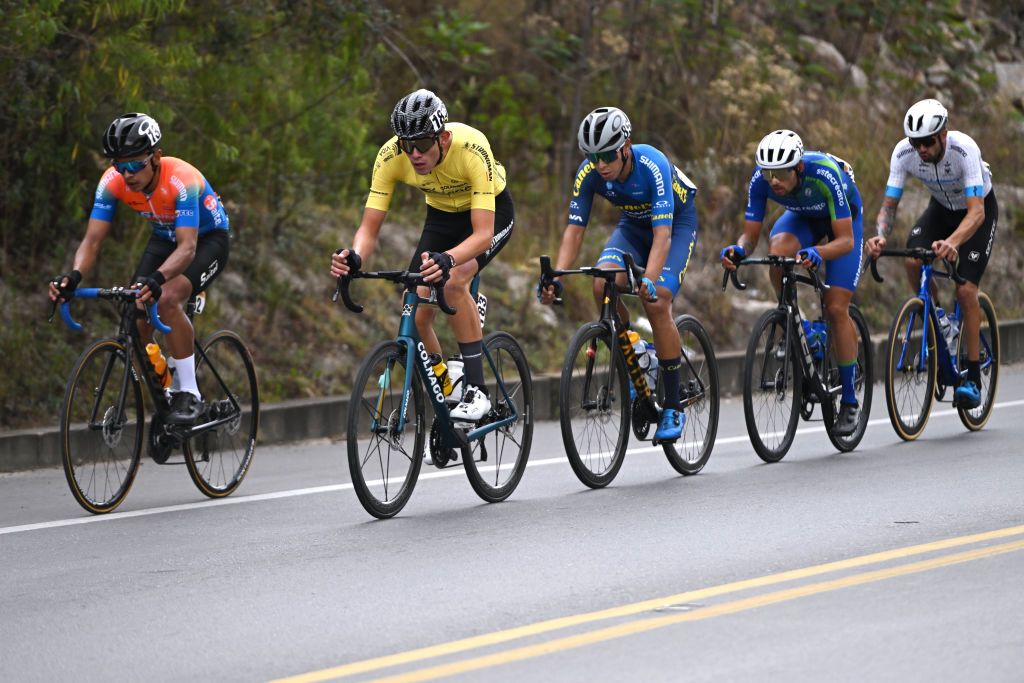 PAIPA COLOMBIA FEBRUARY 06 LR Diego Antonio Ochoa of Colombia and Team Saitel Ivan Arturo Ojeda of Colombia and Team Colombia Potencia de la Vida Strongman and Ignacio de Jesus Prado of Mexico and Team Canels Java compete in the breakaway during the 4th Tour Colombia 2024 Stage 1 a 1686km stage from Paipa to Santa Rosa de Viterbo 2751m on February 06 2024 in Paipa Colombia Photo by Maximiliano BlancoGetty Images