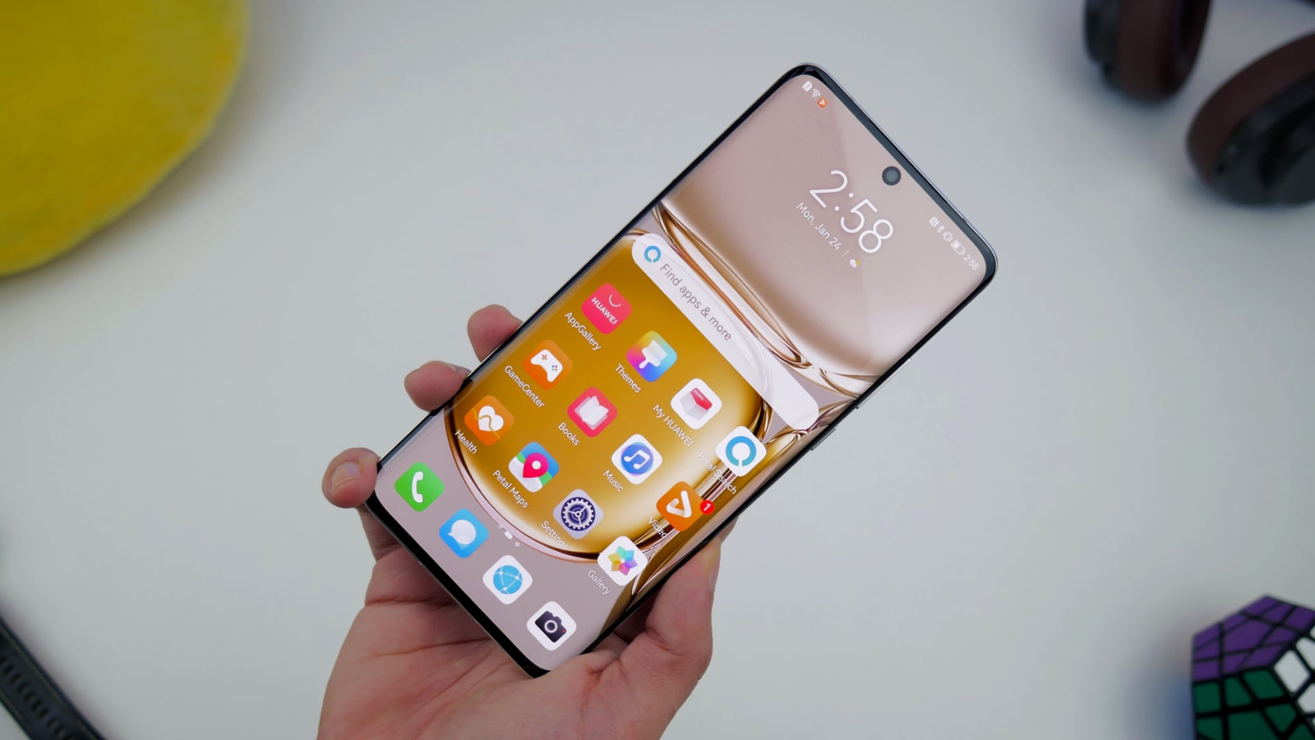 A Huawei P50 Pro seen from the front, in someone's hand