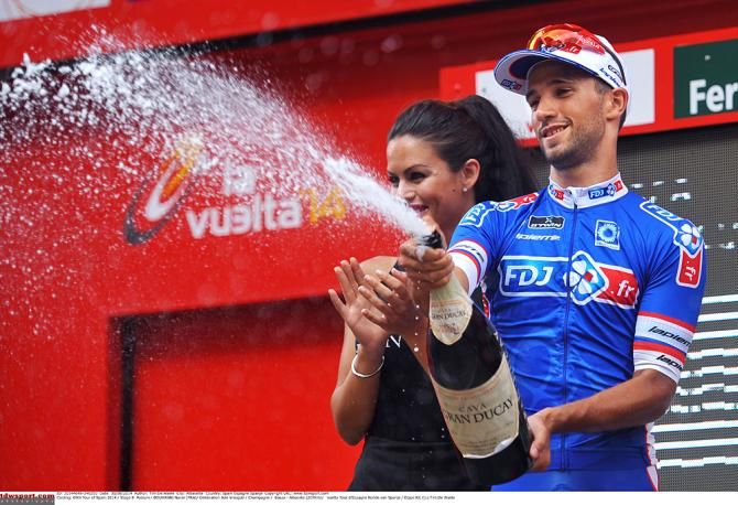 Nacer Bouhanni (FDJ.fr) celebrates his stage win with a bottle of champagne