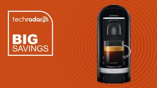 Nespresso Vertuo Plus on an orange background with big saving graphic