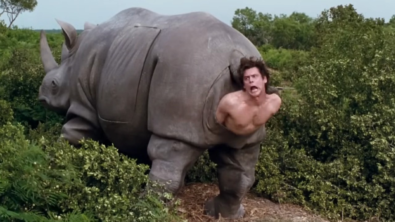 Ace Ventura struggling in the rhino costume