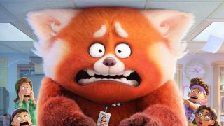 Mei turns into a giant red panda in front of her friends in Turning Red.