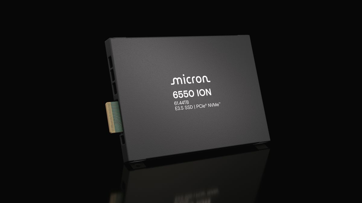 The Micron 6650 ION E3.S PCIe 5.0 60 TB SSD on a black background