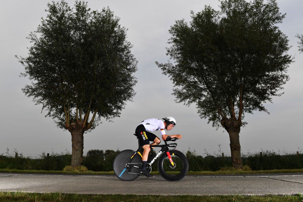 BRUGES BELGIUM SEPTEMBER 19 Tony Martin of Germany sprints during the 94th UCI Road World Championships 2021 Men Elite ITT a 433km Individual Time Trial race from KnokkeHeist to Bruges flanders2021 ITT on September 19 2021 in Bruges Belgium Photo by Tim de WaeleGetty Images