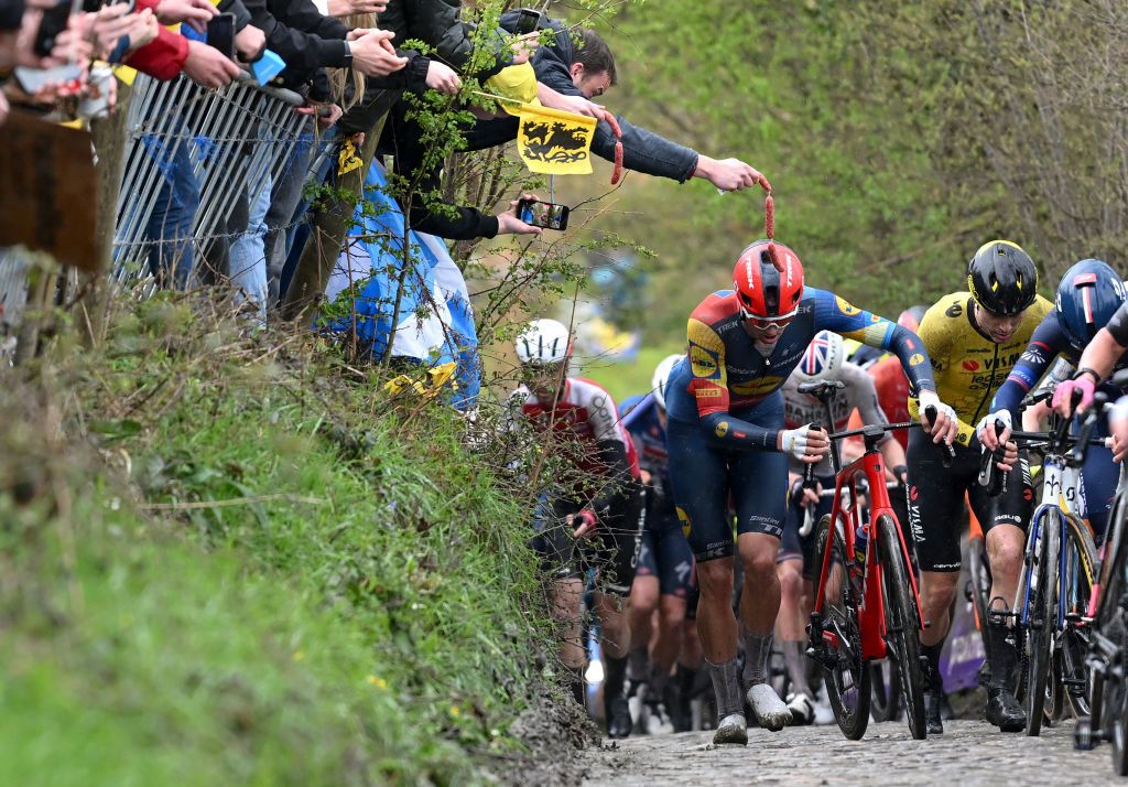 OUDENAARDE BELGIUM MARCH 31 Jonathan Milan of Italy and Team Lidl Trek competes passing through the Taaienberg cobblestones sector during the 108th Ronde van Vlaanderen Tour des Flandres 2024 Mens Elite a 2708km one day race from Antwerpen to Oudenaarde UCIWT on March 31 2024 in Oudenaarde Belgium Photo by Dario BelingheriGetty Images