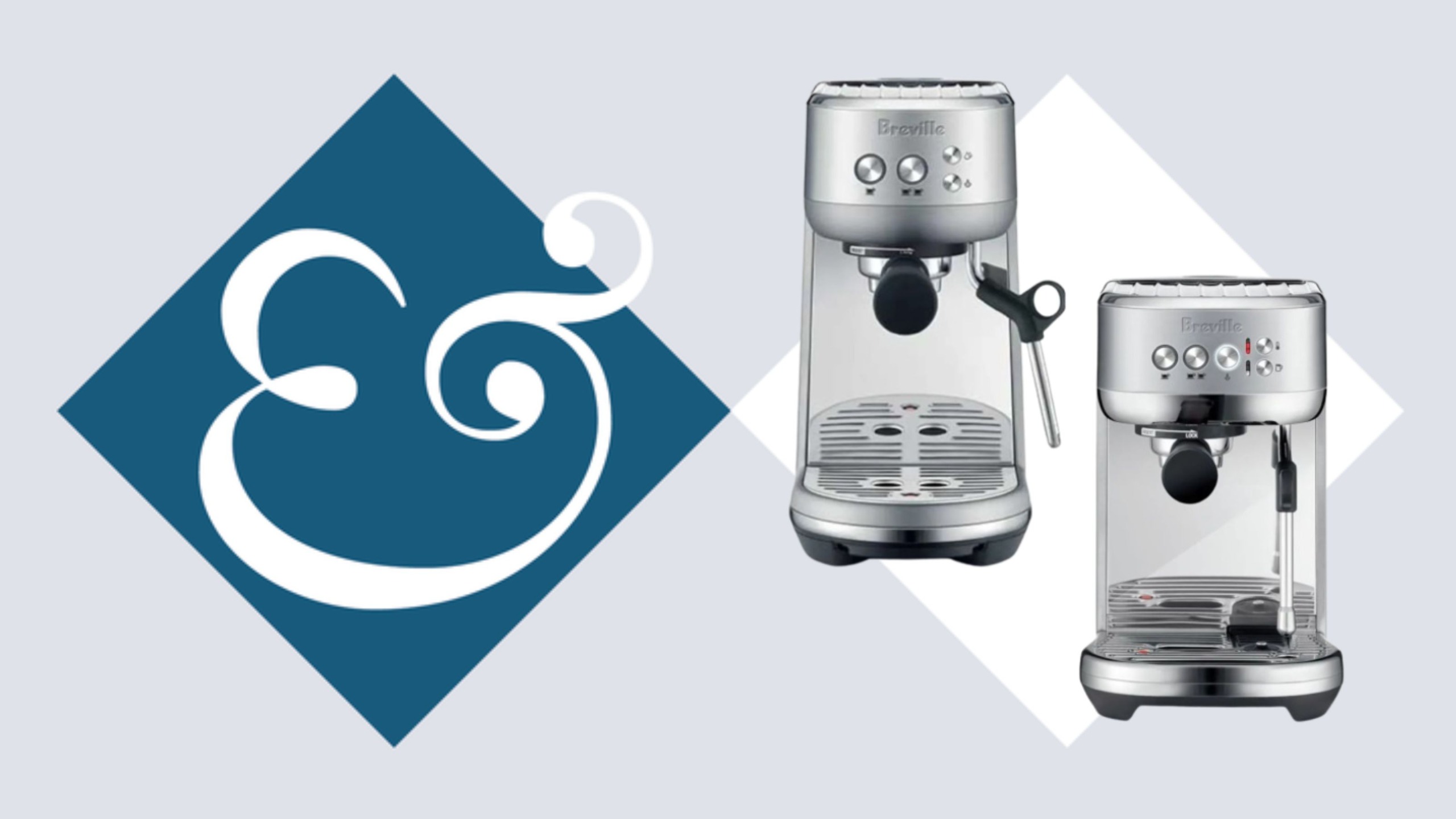 The Breville Bambino and Breville Bambino Plus espresso machines against a white diamond next to a dark blue diamond with an &amp; in it. 