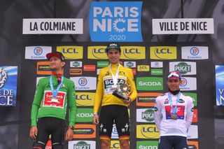 VALDEBLORE LA COLMIANE FRANCE MARCH 14 Podium Tiesj Benoot of Belgium and Team Sunweb Green Sprint Jersey Maximilian Schachmann of Germany and Team Bora Hansgrohe Yellow Leader Jersey Sergio Andres Higuita of Colombia and Team Ef Pro Cycling White Best Young Jersey Celebration Trophy during the 78th Paris Nice 2020 Stage 7 a 1665km stage from Nice to Valdeblore La Colmiane 1500m Paris Nice 2020 final stage as part of the fight against the spread of the Coronavirus ParisNice parisnicecourse PN on March 14 2020 in Valdeblore La Colmiane France Photo by Luc ClaessenGetty Images