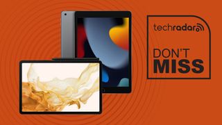 Samsung Galaxy Tab S8 Plus in front of Apple iPad 10.2 with TechRadar don't miss this deal banner behind