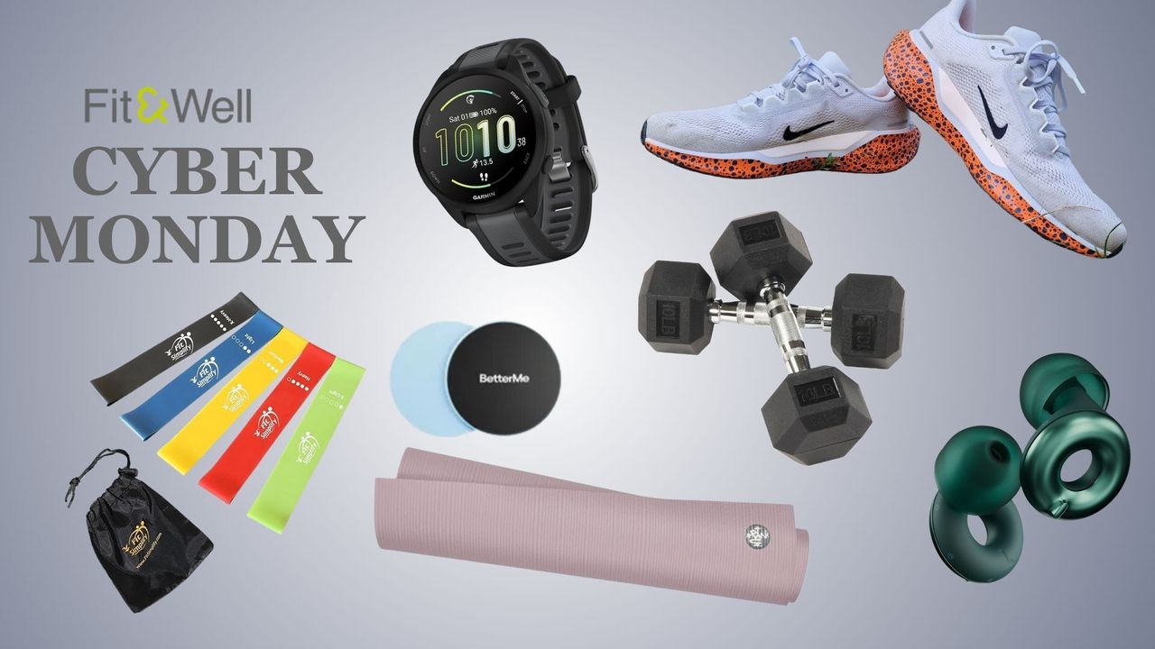 Selection of health and fitness products on grey background