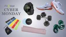 Selection of health and fitness products on grey background