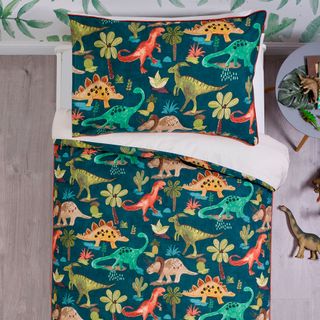 dino bedding in vivid green and wooden flooring