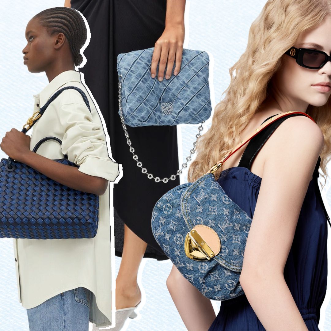 The denim bag trend at Bottega Veneta, Loewe, Louis Vuitton, and Courr&egrave;ges